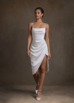 Azazie Katiya Wedding Dresses Diamond White Sheath Cowl Neckline Pleated Stretch Satin Dress image4