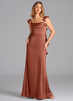 Azazie Adi Bridesmaid Dresses Auburn A-Line Pleated Stretch Satin Dress image4