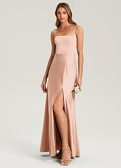 Azazie Lidia Bridesmaid Dresses Rose Gold Mermaid Side Slit Stretch Satin Dress image3