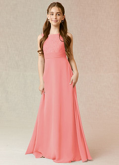 Azazie Snow Junior Coral A-Line Lace Chiffon Dress image1