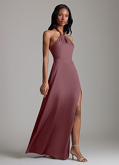 Azazie Tracie Bridesmaid Dresses Sangria A-Line Side Slit Stretch Satin Dress image3