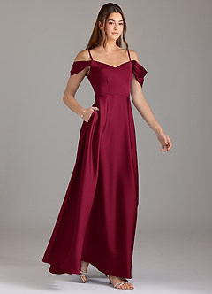 Azazie Marley Bridesmaid Dresses Burgundy A-Line Off the Shoulder Stretch Satin Convertible Dress image4