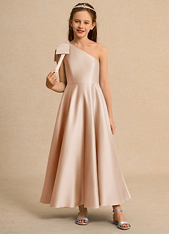 Azazie Guppy Junior Formal vestidos de niña de las flores Vestido de Rosa Inglesa de Satin Mate de Corte En A con Hombro unilateral image3