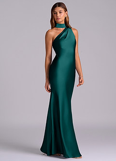Azazie Seona Abiti da Damigella Abito Sirena in Raso Elasticizzato Monospalla Verde Pavone image5