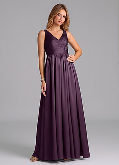 Azazie Keyla Bridesmaid Dresses Plum A-Line Pleated Stretch Satin Dress image6