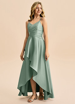Azazie Eirlys Junior Agave A-Line Pleated Stretch Satin Dress image5