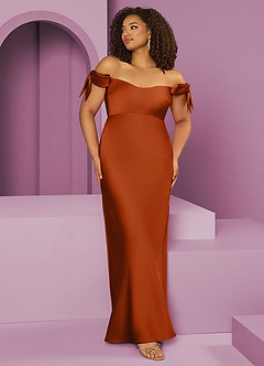 Barbie ♥ Azazie Bridesmaid Dresses Burnt Orange Sheath Off the Shoulder Stretch Satin Convertible Dress image1