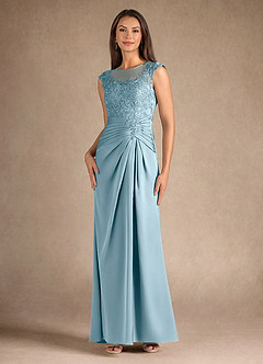 Azazie Santa Barbara Mother of the Bride Dresses Moody Blue Sheath Pleated Stretch Satin Dress image4