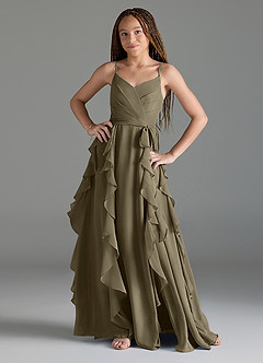 Azazie Peyton Junior Willow Green A-Line V-Neck Cascading Ruffles Chiffon Dress image1
