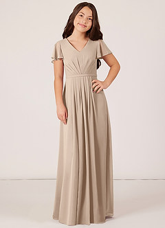 Azazie Peony Junior Robe Trapèze en Mousseline de soie Plissée Taupe image1