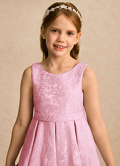 Azazie Goldie Flower Girl Dresses Powder Pink A-Line Pleated Floral Jacquard Dress image6