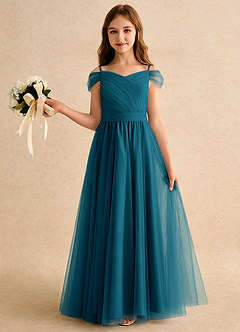 Azazie Yuna Girls Formal Abiti da Ragazza di Fiori Abito A-Line in Tulle Spalle Scoperte Blu Inchiostro image3