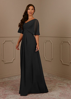 Azazie Oksana Mother of the Bride Dresses Black A-Line V-Neck Pleated Chiffon Dress image1