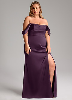 Azazie Saige Bridesmaid Dresses Plum Sheath Off the Shoulder Stretch Satin Dress image13