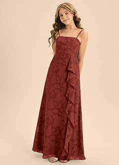 Azazie Kaylee Junior Terracotta A-Line with Belt Floral Burnout Dress image5