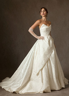 Azazie Allira Wedding Dresses Antique White Ball-Gown Strapless Floral Jacquard Dress image2