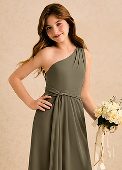 Azazie Tilda Girls Formal Blumenmädchenkleider Etui One-Shoulder Chiffon Kleid Weidengrün image5