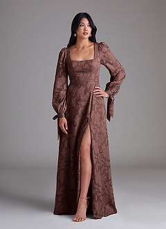 Azazie Leonia Bridesmaid Dresses Espresso A-Line Long Sleeve Floral Burnout Dress image1