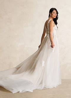Azazie Alemia Wedding Dresses Diamond White Nude A-Line Lace Tulle Dress image1