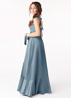 Azazie Barbara Junior Dusty Blue A-Line Bow Stretch Satin Dress image2