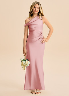 Azazie Emerson Junior Powder Pink Sheath Off the Shoulder Stretch Satin Dress image4