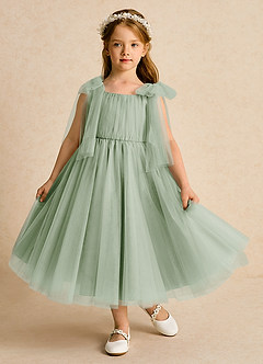 Azazie Dori Robe Demoiselle D'honneur Fillette Robe Trapèze en Tulle Rayé Vert Sauge image2
