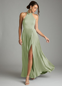 Azazie Zienna 신부 들러리 드레스 A라인 주름진 스트레치 새틴 바닥 길이 드레스 image3