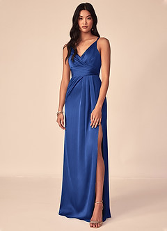 Azazie Aqua Brautjungfernkleider A-Linie V-Hals Gefaltet Stretch-Satin Kleid Königsblau image1