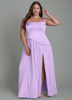 Azazie Stephanie Robes de demoiselle d'honneur Robe Trapèze en Satin extensible Plissé Lilas image7