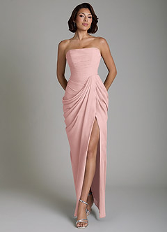 Azazie Nyra Robes de demoiselle d'honneur Robe Fourreau en Mousseline de soie Corset Rose Poudré image1