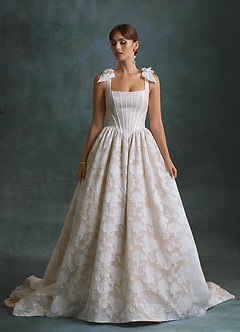 Azazie Rosalinda Wedding Dresses Diamond White Champagne Ball-Gown with Pockets Floral Burnout Dress image6