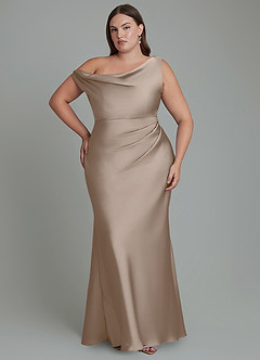 Azazie Emerson Bridesmaid Dresses Taupe Mermaid Off the Shoulder Stretch Satin Dress image1