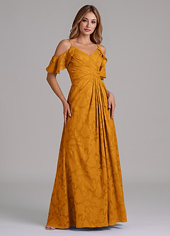 Azazie Dakota Abiti da Damigella Abito A-Line in Burnout Floreale a Spalla Scoperta Caramello image1