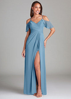 Azazie Dakota Bridesmaid Dresses Steel Blue A-Line Off the Shoulder Mesh Dress image1