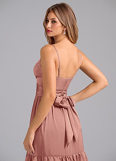 Azazie Nathalia Bridesmaid Dresses Rosette A-Line Pleated Stretch Satin Dress image2