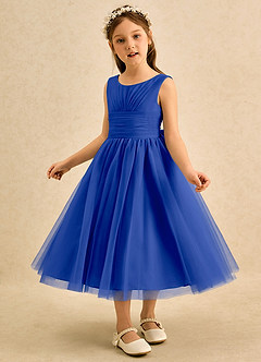Azazie Macaron Flower Girl Dresses Royal Blue A-Line Pleated Tulle Dress image4