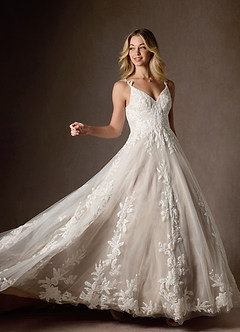 Azazie Delaina Wedding Dresses Diamond White Caramel A-Line V-Neck Sequins Tulle Dress image8