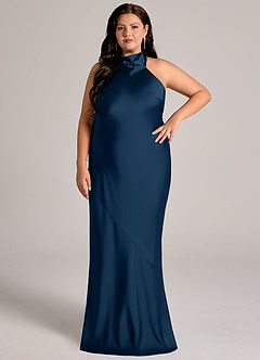 Azazie Velli Bridesmaid Dresses Dark Navy Mermaid High Neck Stretch Satin Dress image8