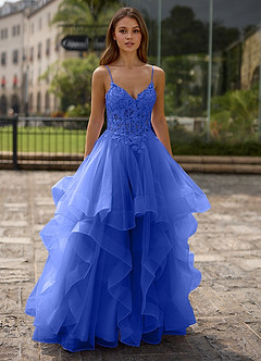 Spitze Królewski Niebieski Suknia balowa z prześwitującej koronki image4