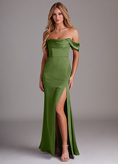 Azazie Saige Jurken voor bruidsmeisjes Jurk van Stretch Satijn met Kolom Off the Shoulder Jeneverbes image1