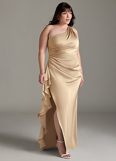 Azazie Latrice Bridesmaid Dresses Champagne Sheath One Shoulder Cascading Ruffles Stretch Satin Dress image9