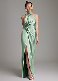 Azazie Gracelynn Vestidos de damas de honor Vestido de Agave de Satén Elástico de Corte Recto con Plisado image1