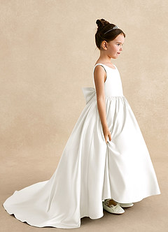 Azazie Mimia Flower Girl Dresses Ivory A-Line Bow Matte Satin Dress image1