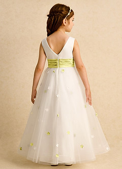 Azazie Cricket Flower Girl Dresses Ivory Lemon Sorbet Ball-Gown Pleated Matte Satin Dress image2
