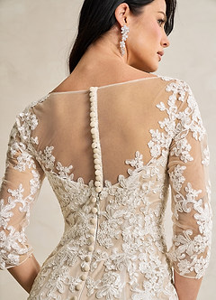 Azazie Neela Wedding Dresses Diamond White Sand Mermaid V-Neck Lace Tulle Dress image7