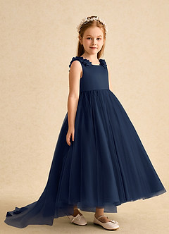 Azazie Lorita Blumenmädchenkleider A-Linie Mit Perlen Tüll Kleid Dunkelmarine image4