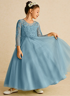 Azazie Precious Flower Girl Dresses Moody Blue A-Line Lace Tulle Dress image2