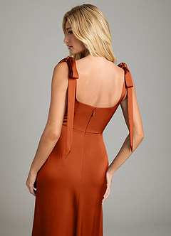 Azazie Frostine Vestidos de damas de honor Vestido de Naranja Quemada de Satén Elástico de Corte en A con Lazo image6