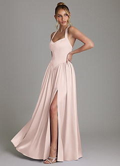 Azazie Francis 신부 들러리 드레스 A라인 코르셋 스트레치 새틴 바닥 길이 드레스 image5