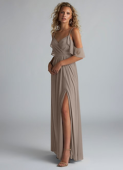 Azazie Fiena Final Sale Taupe A-Line V-neck Ruched Mesh Dress image2